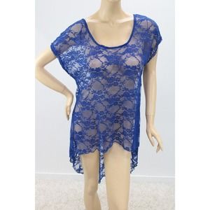 Deb Womens Sheer Lace Top Nightie High Low Club Wear Nightgown 1X Blue